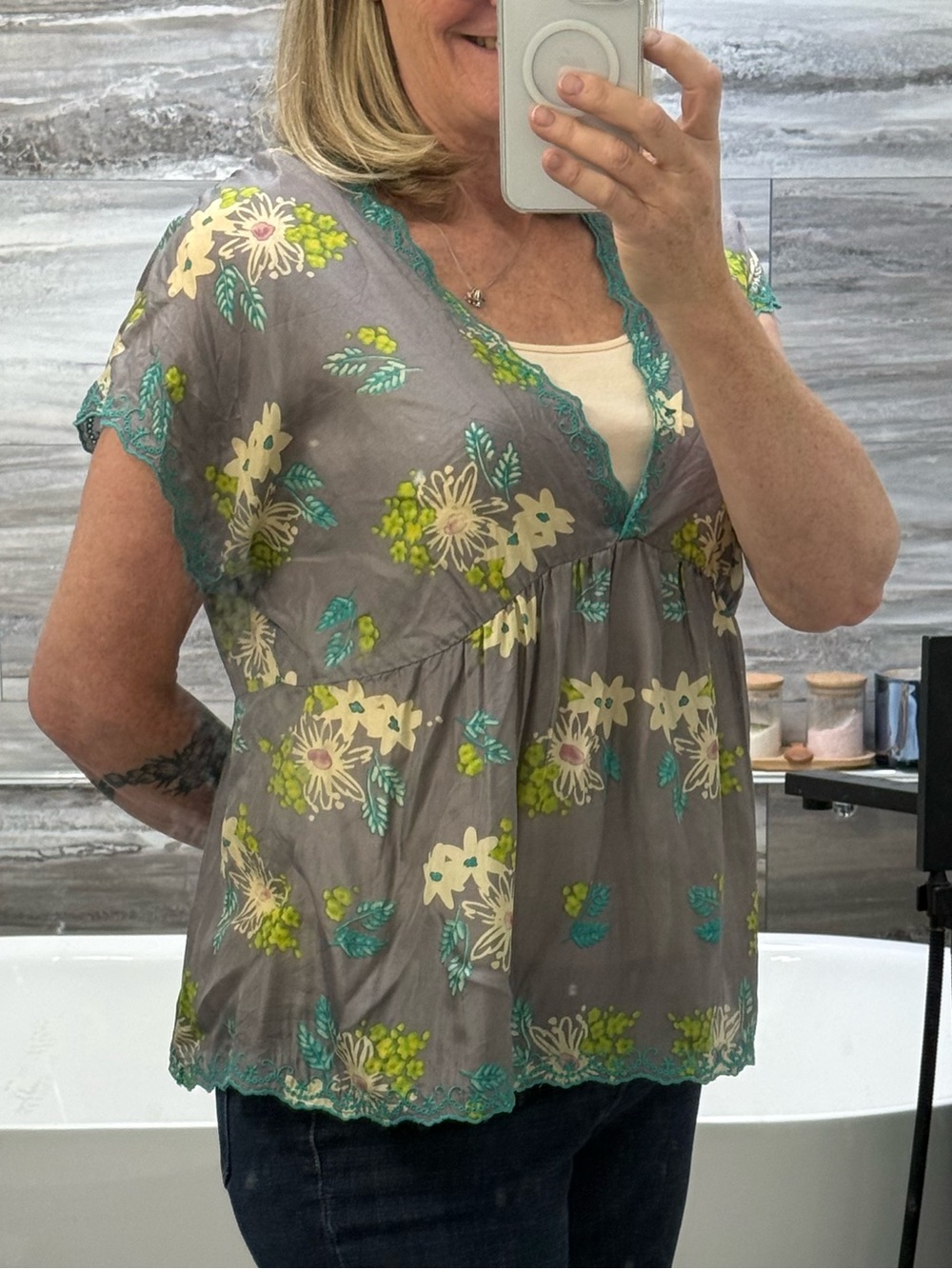 Johnny Was Gray Floral V-Neck Peasant Top with Teal Trim